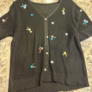 SHEIN Black Embroidered Button-Up Blouse